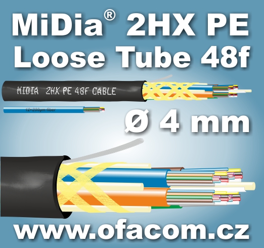 Midi 2HX 48f - najmenšia konštrukcia Loose Tube optického mikrokábla s 48 vláknami s priemerom 4 mm.