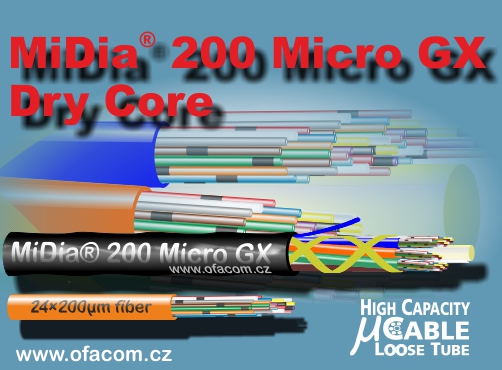 Optický mikrokábel MiDia® 200 Micro GX Dry Core s 96, 144, 192 a 288 optickými vláknami o priemere 200 µm 