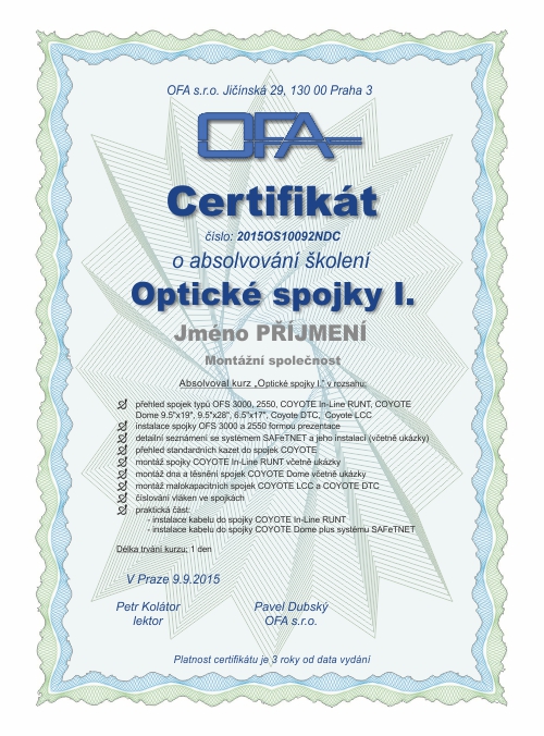 Certifikát zo školenia