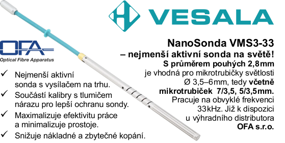 Nejmenší sonda s vysílačem na trhu - Nanosonda VESALA VMS3-33 o průměru 2,8 mm.