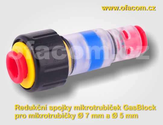 Redukční spojky mikrotrubiček o průměrech Ø 7/5 mm, které plní zároveň funkci GasBlocku těsnícího instalovaný kabel.