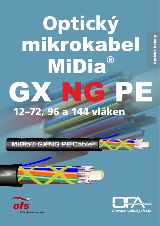 Optický mikrokabel MiDia® GX NG PE s 12, 24, 48, 74, 96 a 144 optickými vlákny a loose tube konstrukcí.
