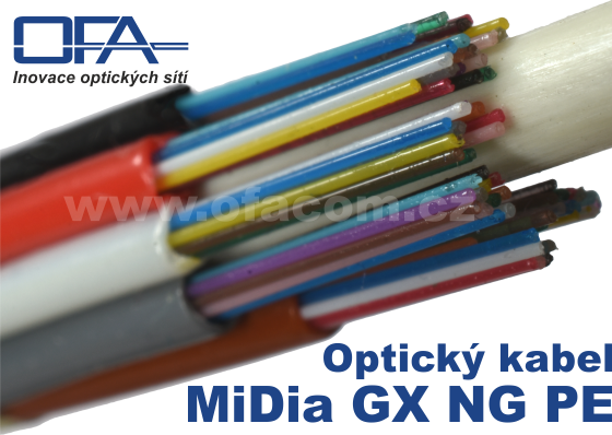 Oprický mikrokabel LT konstrukce MiDia GX NG PE s 12 až 144 optickými vlákny.